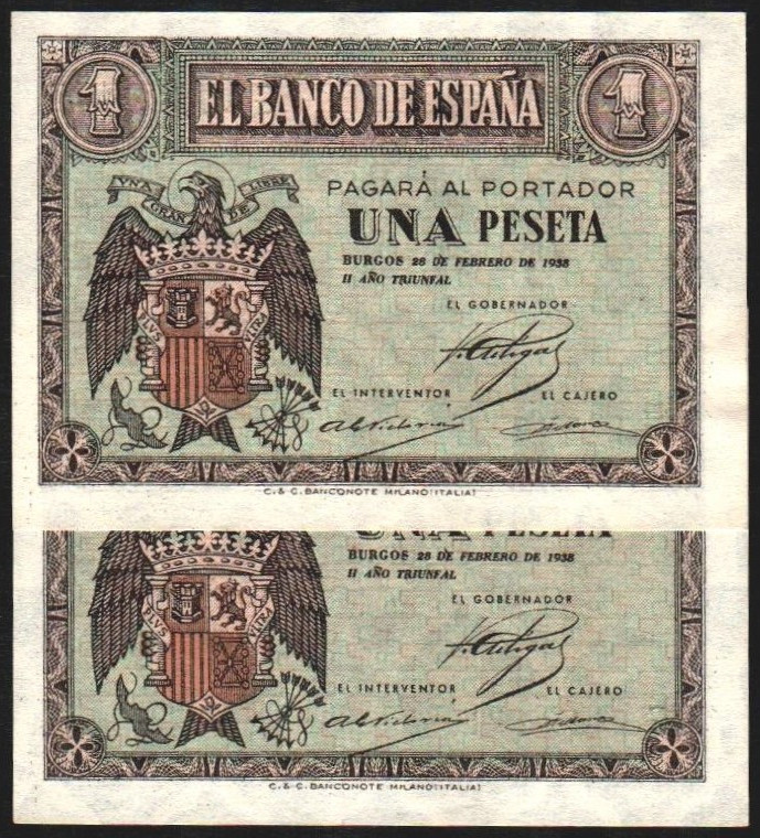 28 de febrero de 1938. 1 peseta. Serie G. Pareja correlativa. E427b (sc 300€). L...