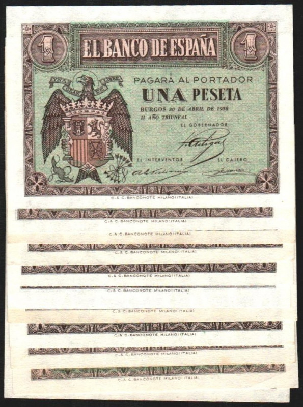 30 de abril de 1938. 1 peseta. Serie A, B, C, D, E, F, G, H, I, M y N. E428, 428...