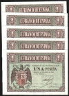 30 de abril de 1938. 1 peseta. Serie E. Quinteto correlativo. E428a. SC, todo su apresto original. Lote de cinco billetes (5)