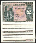 30 de abril de 1938. 2 pesetas. Serie A, B, C, D, E, F, G, H, I, L, M y N (última serie). E429 y 429a. Dos esquinas y dos picos marcados. Esquina malt...
