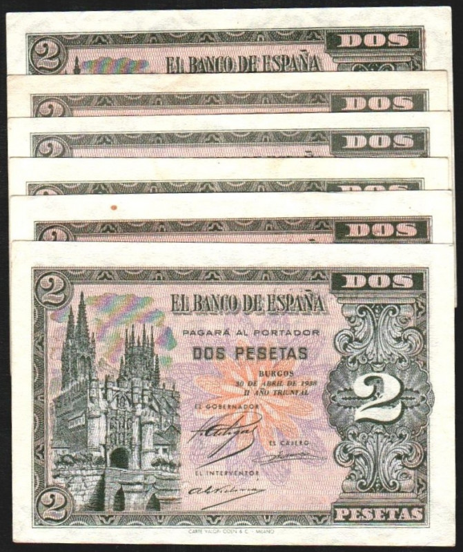 30 de abril de 1938. 2 pesetas. Serie C, F, H, I, L y M. E429a. EBC y EBC-, rest...