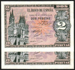 30 de abril de 1938. 2 pesetas. Serie A. Pareja correlativa. E429. Levísima marquita en lateral. SC, apresto original. Lote de dos billetes (2)