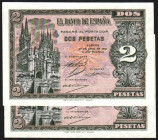 30 de abril de 1938. 2 pesetas. Serie M. Pareja correlativa. E429a. Marca en margen lateral. SC-, apresto original. Lote de dos billetes (2)