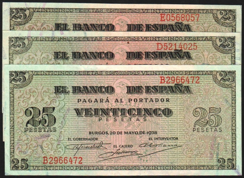 20 de mayo de 1938. 25 pesetas. Serie B, D y E. E430a. Esquina doblada en el pri...