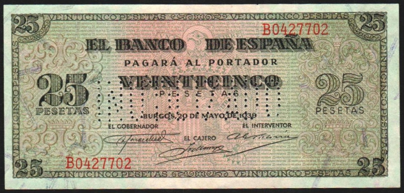 20 de mayo de 1938. 25 pesetas. Serie B. INUTILIZADO en perforación. E430N. EBC+...