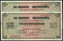 20 de mayo de 1938. 25 pesetas. Serie B. Pareja correlativa. E430a. SC, casi sin apresto original. Lote de dos billetes (2)