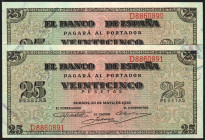 20 de mayo de 1938. 25 pesetas. Serie D. Pareja correlativa. E430a. SC, todo su apresto original. Muy buena pareja. Lote de dos billetes (2)