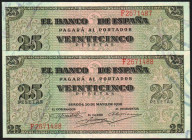 20 de mayo de 1938. 25 pesetas. Serie F (última serie). Pareja correlativa. E430a. SC, todo su apresto original. Lote de dos billetes (2)