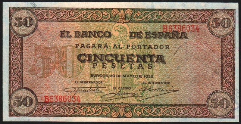 20 de mayo de 1938. 50 pesetas. Serie B. E431a. Doblez central de taco sin rompe...