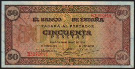 20 de mayo de 1938. 50 pesetas. Serie B. E431a. Planchado. Mejor que EBC