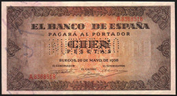 20 de mayo de 1938. 100 pesetas. Serie A. INUTILIZADO en perforación. E432N. EBC+, apresto original. Interesante