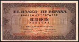 20 de mayo de 1938. 100 pesetas. Serie A. E432. Doblez en cruz apenas marcado. EBC+, apresto original