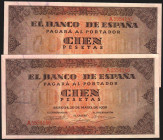 20 de mayo de 1938. 100 pesetas. Serie A. Pareja correlativa. E432. EBC+, apresto original. Lote de dos billetes (2)