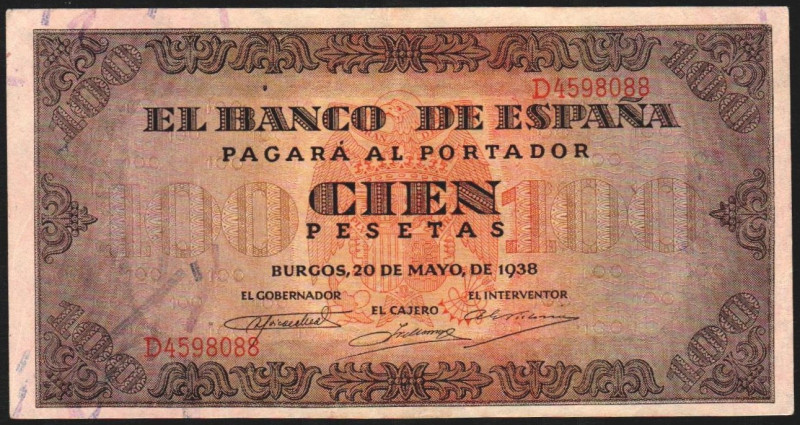 20 de mayo de 1938. 100 pesetas. Serie D. E432a (por error señala 423a). EBC, re...