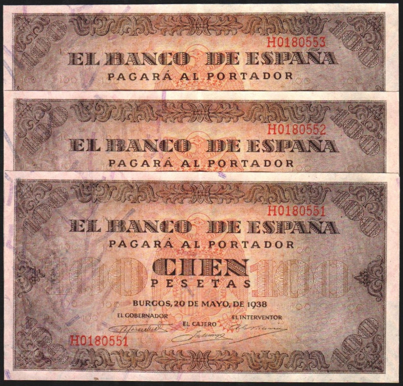 20 de mayo de 1938. 100 pesetas. Serie H (última serie). Trío correlativo. E432a...