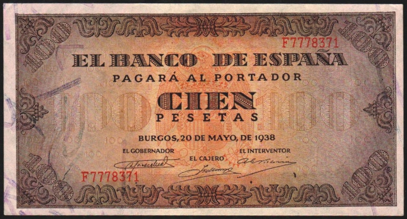 20 de mayo de 1938. 100 pesetas. Serie F. E432a (por error señala 423a). Levísim...