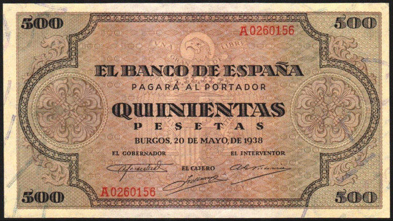 20 de mayo de 1938. 500 pesetas. Serie A. E433. EBC+, apresto original