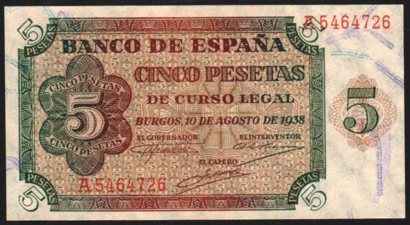 10 de agosto de 1938. 5 pesetas. Serie A. E435. EBC+, apresto original