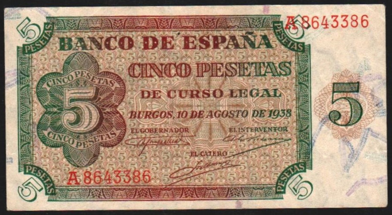 10 de agosto de 1938. 5 pesetas. Serie A. E435. Alguna marquita. EBC+, apresto o...