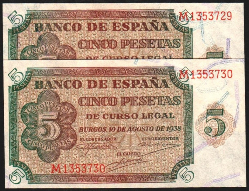 10 de agosto de 1938. 5 pesetas. Serie M (última serie). Pareja correlativa. E43...