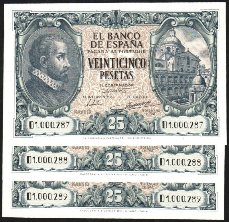 9 de enero de 1940. 25 pesetas. Serie D. Trío correlativo. E436a. Insinuado leví...