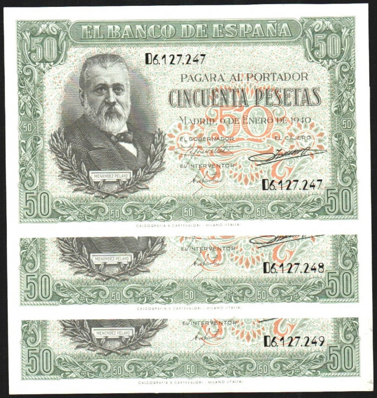 9 de enero de 1940. 50 pesetas. Serie D. Trío correlativo. E437a. Piquito ligera...