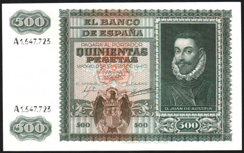 9 de enero de 1940. 500 pesetas. Serie A. E439 (ebc 1.400€). Planchado. EBC+