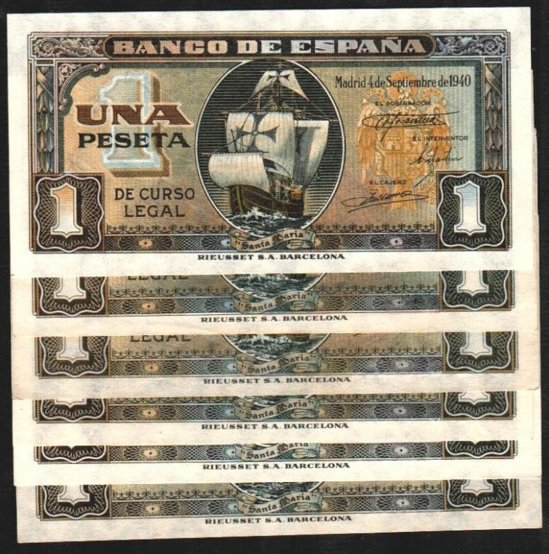 4 de septiembre de 1940. 1 peseta. Sin serie, A, D, E, H e I. E442 y 442a. Marca...