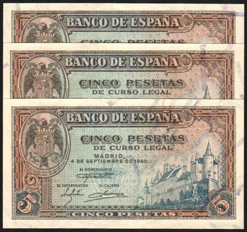 4 de septiembre de 1940. 5 pesetas. Serie A. Trío correlativo. E443. SC, apresto...