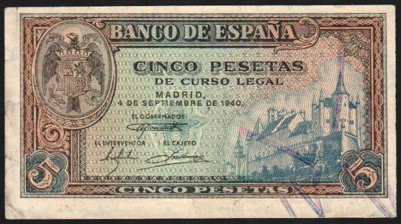 4 de septiembre de 1940. 5 pesetas. Serie L. E443a. Planchado. MBC+