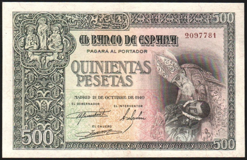 21 de octubre de 1940. 500 pesetas. E444 (ebc 1.200€ sc 3.000€). Planchado. Muy ...