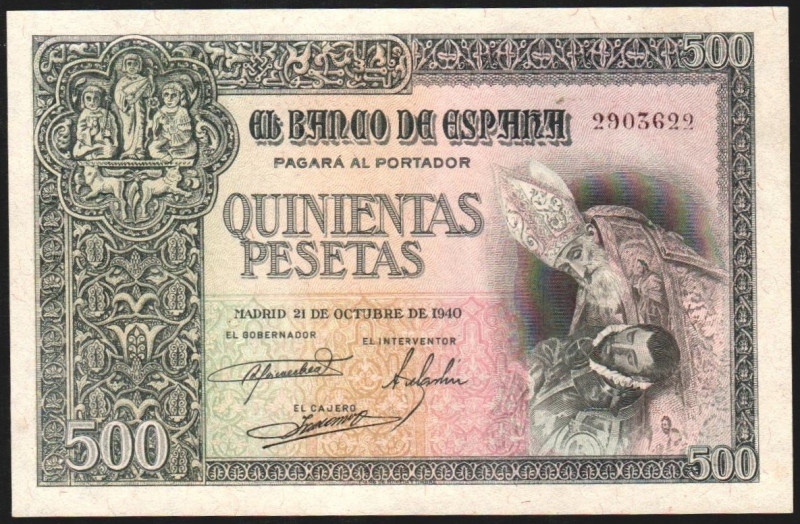 21 de octubre de 1940. 500 pesetas. E444 (ebc 1.200€ sc 3.000€). Planchado. EBC+...