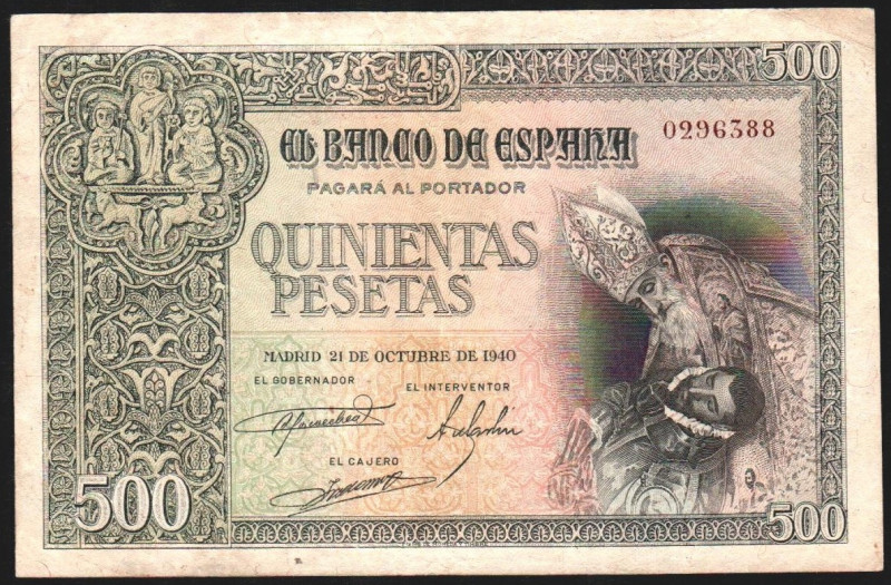 21 de octubre de 1940. 500 pesetas. E444 (mbc 400€ ebc 1.200€). Planchado. Peor ...