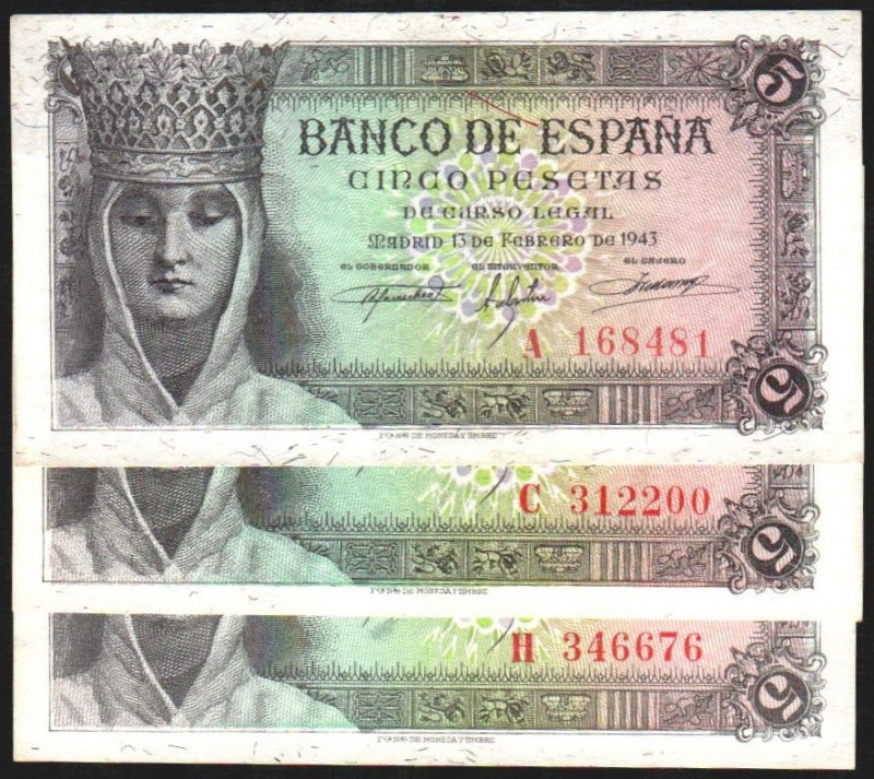 13 de febrero de 1943. 5 pesetas. Serie A, C y H. Numeración con seis dígitos en...