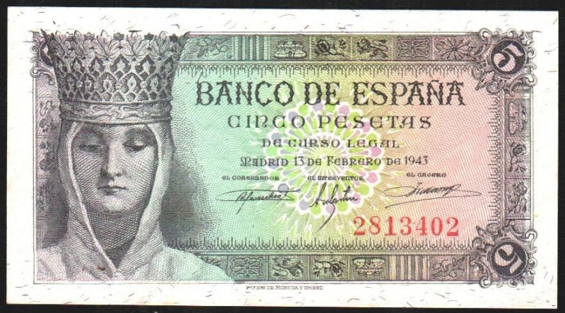 13 de febrero de 1943. 5 pesetas. Sin serie. E446. Ligeramente abarquillado. SC,...