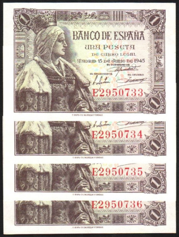 15 de junio de 1945. 1 peseta. Serie E. Cuarteto correlativo. E448a. Ínfima marq...