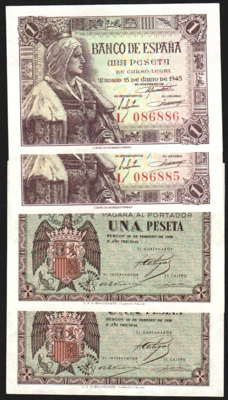 15 de junio de 1945. 1 peseta. Serie L. Pareja correlativa. SC, apresto original...