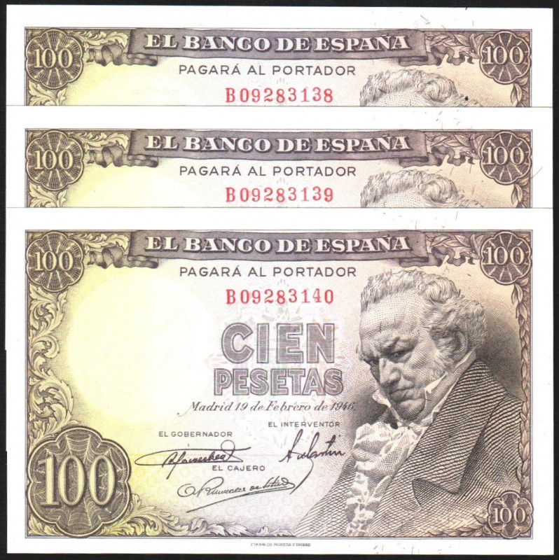 19 de febrero de 1946. 100 pesetas. Serie B. Trío correlativo. E451b (175€). SC,...