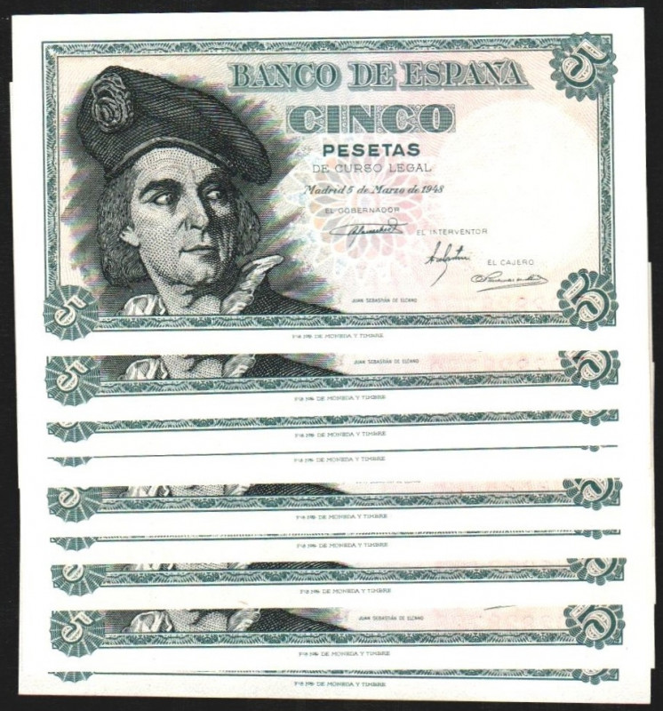 5 de marzo de 1948. 5 pesetas. Serie F. Decena correlativa. E455a. SC, todo su a...