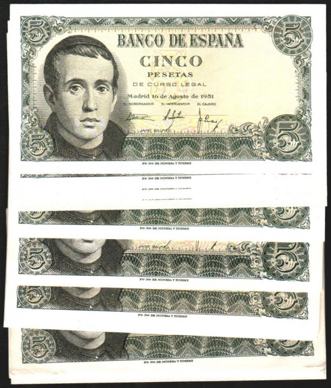 16 de agosto de 1951. 5 pesetas. Serie V (5), Y (6), 1C (6) y 1 L (7) (última se...