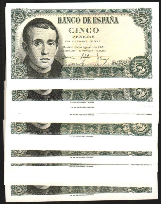 16 de agosto de 1951. 5 pesetas. Serie U (8), S (10), 1G (10) y 1E (10). Correla...