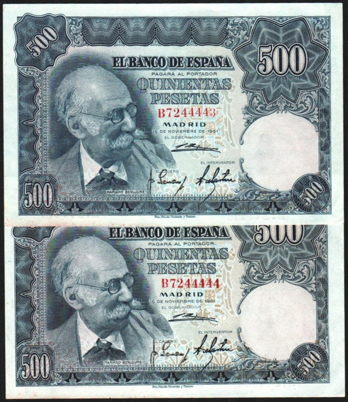 15 de noviembre de 1951. 500 pesetas. Serie B. Pareja correlativa. E460a. Descui...