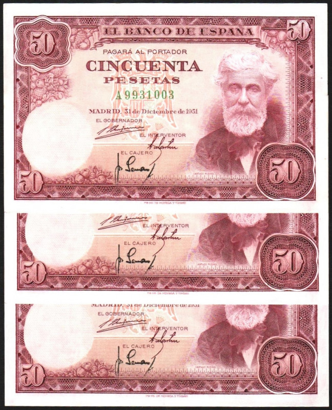 31 de diciembre de 1951. 50 pesetas. Serie A. Trío correlativo. E462a. Esquina l...