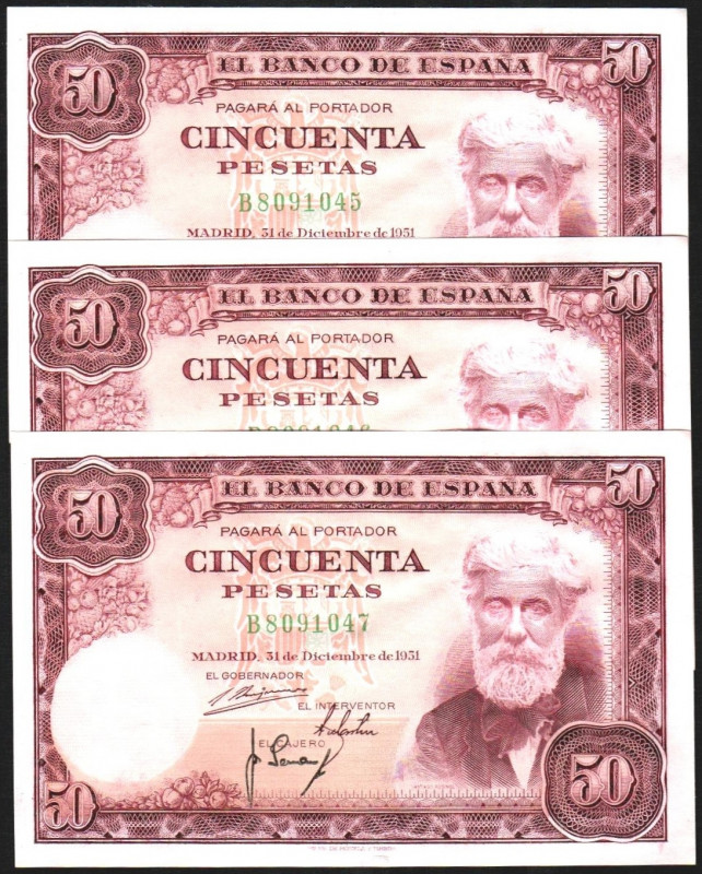 31 de diciembre de 1951. 50 pesetas. Serie B. Trío correlativo. E462a. Levísima ...