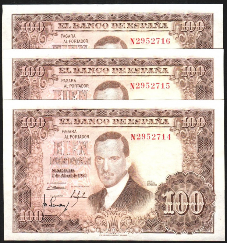 7 de abril de 1953. 100 pesetas. Serie N. Trío correlativo. E464b. SC, todo su a...