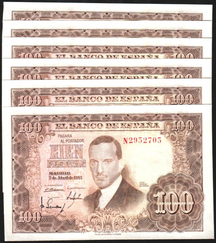 7 de abril de 1953. 100 pesetas. Serie N. Sexteto correlativo. E464b. SC, todo s...