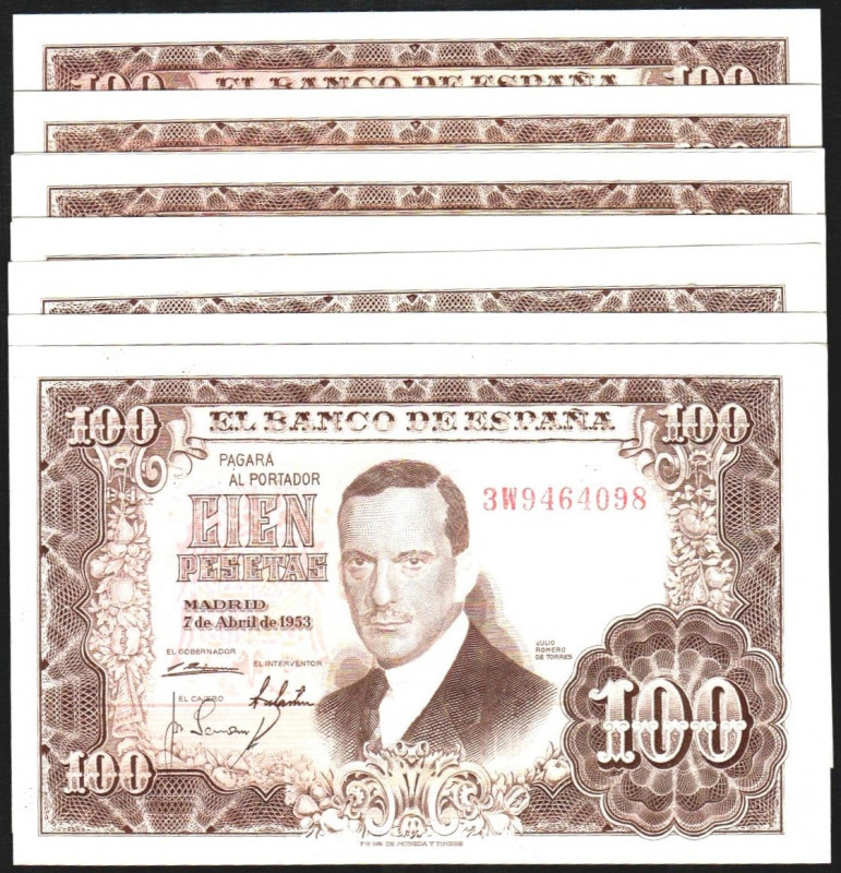 7 de abril de 1953. 100 pesetas. Serie 2S, 2U, 2Z, 3Q y 3W. Parejas correlativas...