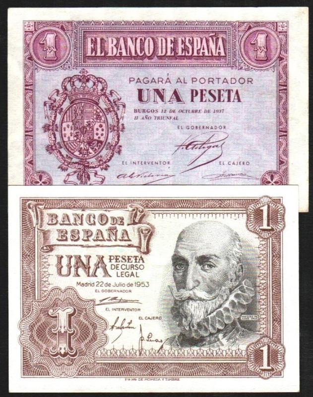 22 de julio de 1953. 1 peseta. Serie 1A. Más 12/10/1937. 1 pta. Serie A. E465a y...