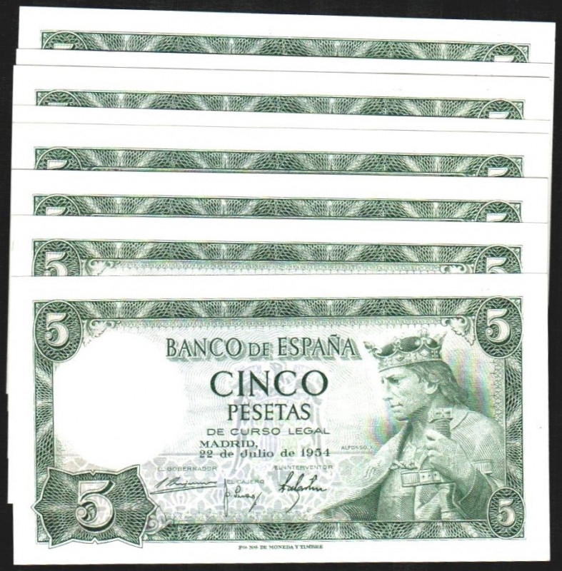 22 de julio de 1954. 5 pesetas. Serie S. Decena correlativa. E466a. Leves doblec...