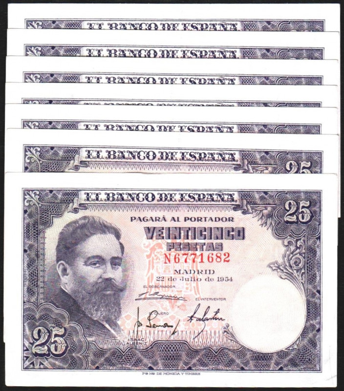 22 de julio de 1954. 25 pesetas. Serie N. Septeto correlativo. E467a. Descuidado...